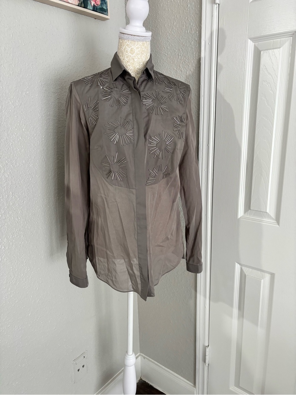 Akris Punto Taupe Embellished Button-Down Shirt - Picture 8 of 15